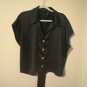Rachel Zoe Black Satin Button-Down Shirt